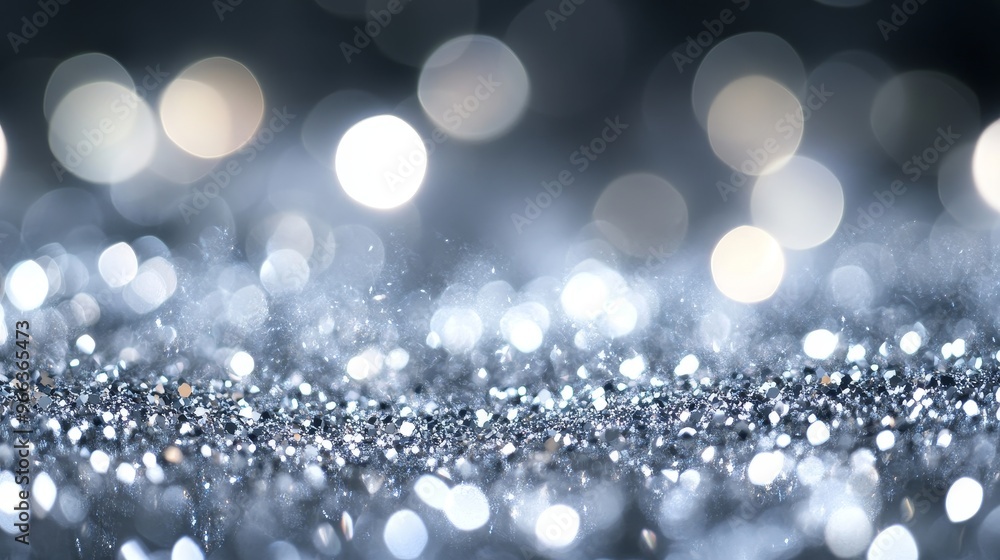 Poster this abstract background features a shimmering layer of silver glitter with bokeh lights, symbolizin
