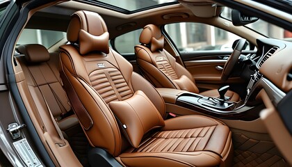 Luxurious brown leather car interior featuring comfortable neck pillows