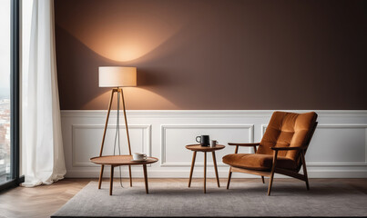 A cozy living room with a brown armchair and a floor lamp
