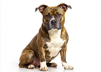 Obraz premium A handsome Staffordshire Terrier with a distinctive brindle coat pattern, sitting on a white background, showcasing its muscular build and endearing facial expression.