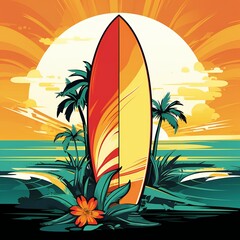 Surf board on a sandy beach. Sunrise or sunset, sand on bay and the mountain wonderful sun shines. Cartoon illustration.