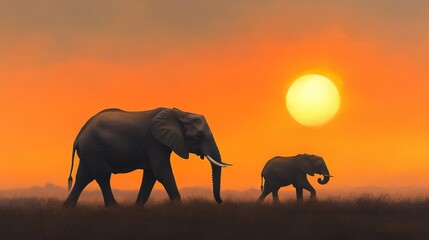 Two elephants, a mother and calf, walk across the African savanna as the sun sets in the background. The silhouette of the animals against the vibrant orange sky creates a dramatic and beautiful image
