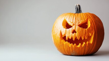 A carved Halloween pumpkin with a menacing face, symbolizing the festive season.