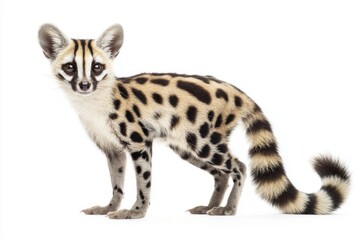 curious spotted genet stands gracefully, showcasing its distinctive spotted fur and long, striped tail, creating a captivating visual contrast with the white backdrop.