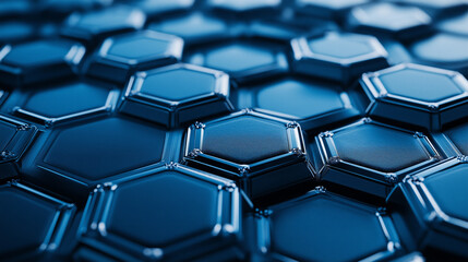 Obraz premium Close-up view of blue metallic hexagonal tiles, 3D futuristic texture background