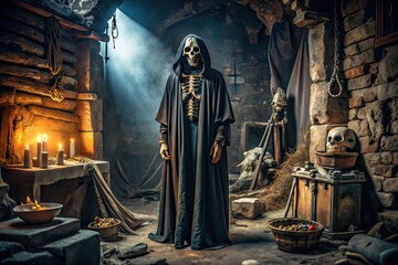 Naklejka premium A lone male skeleton, draped in tattered black robes, stands in a dimly lit, eerie chamber, surrounded by ancient artifacts and mysterious relics.