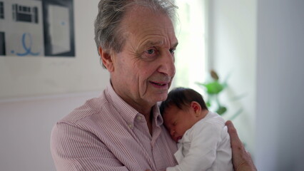 Grandfather cradling sleeping newborn baby, peaceful expression, emphasizing the deep bond and love in a quiet, serene home environment