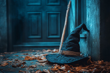 Witch Hat and Broomstick Leaning Against a Spooky House in a Halloween-Themed Illustration