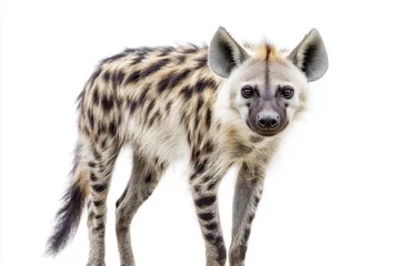  With its head curiously turned, this striped hyena stands on alert, displaying its distinctive striped coat. The creature's vigilance against a stark white background captivates the eye. © Vitalii But
