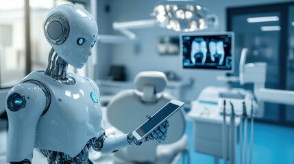A humanoid robot works in a modern dental clinic, holding a tablet with the image of dental X-rays on the screen. In the background, advanced dental instruments and equipment are visible.