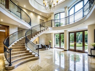 Fototapeta premium A luxurious, modern curved staircase ascends to a majestic, high-ceilinged hall, flooded with natural light, featuring sleek metal railings and polished marble floors.