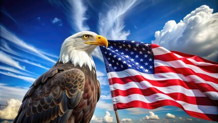 A majestic American eagle perches atop a waving American flag, symbols of freedom and patriotism, set against a clear blue sky with fluffy white clouds.