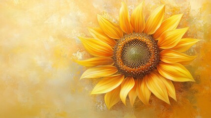 Fototapeta premium A top view of a single, large sunflower with its petals spread out, showcasing its intricate details and bright yellow color against a soft background.