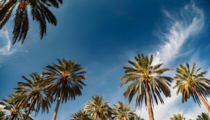 Obraz premium Low angle view from below of coconut palm tree against cloud and blue sky