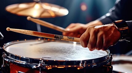 Extreme close-up of the expert hands of a male drummer, holding wooden drumsticks while performing a roll on a snare drum. Percussion instrument, drum roll and drum beat concept.