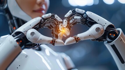 Close-up of a humanoid robot hand and a human hand together in the form of heart (heart shape), backlit on a blue background with copy space. Concept of AI and Human collaboration