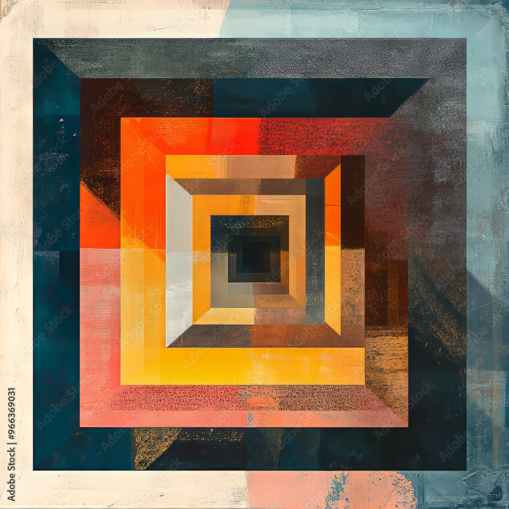 Poster a geometric, square-shaped abstract design featuring colorful textures and background elements.