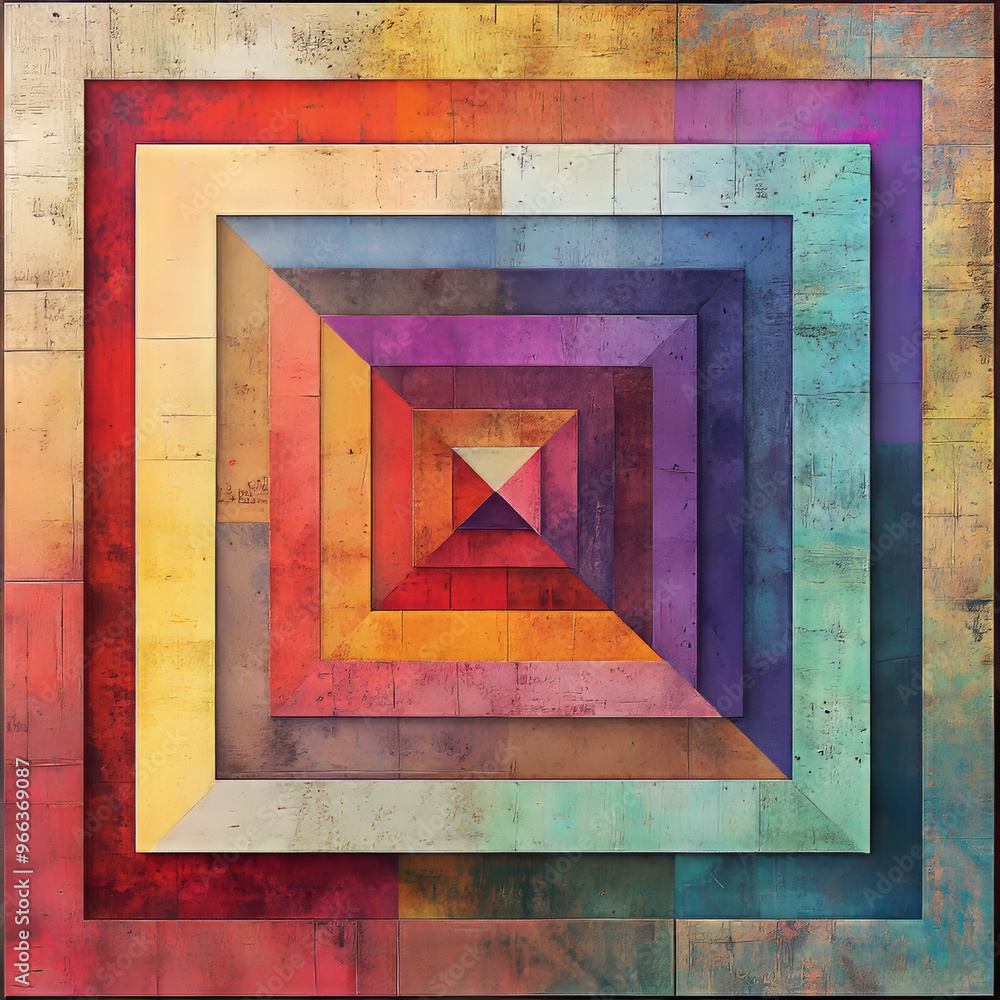 Poster a geometric, square-shaped abstract design featuring colorful textures and background elements.