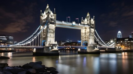 Obraz premium The famous Tower Bridge in London, which highlights the splendor of the city's old architecture, was photographed at night with its lights reflecting off the Thames River. 