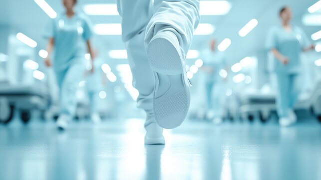 a worms-eye view of a hospital hallway with nurses in motion, bright lights, and a sense of urgency in a digital photorealistic style, copy space for text