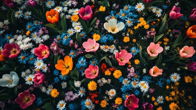 A top-down shot of a springtime flower garden with various blooms including tulips and daisies, creating a colorful and lively pattern.