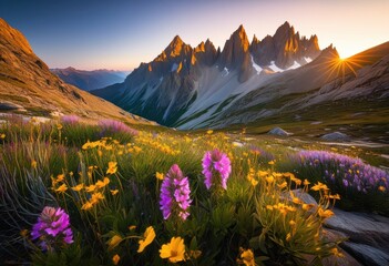 Fototapeta premium breathtaking mountain peaks bathed golden dawn light under clear skies, adventure, altitude, awe, backdrop, beauty, bright, charm, charming, cloud, colors