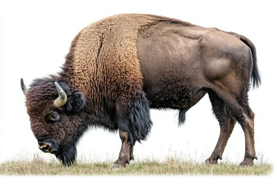 majestic American bison grazes contentedly, showcasing its powerful build and distinctive features while standing out against a stark white background, embodying the spirit of the wild.