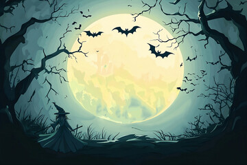 Illustration of a Halloween background with a full moon, witch, and bats. Dark and deep blue colors.