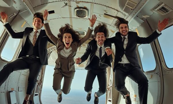 A group of four people in suits are jumping in the air
