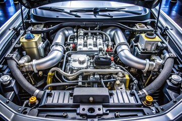 Fototapeta premium A marvelously detailed, well-lit, and intricately wired automotive engine compartment showcases a powerful V6 engine, surrounded by various mechanical components and hoses.