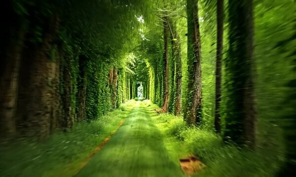 A long path through a forest with green trees and vines