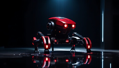 Fototapeta premium futuristic killing machine cyborg robot pool puddle blood dark background black red contrast full view