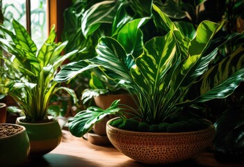 Fototapeta premium vibrant close ups lush indoor plants showcasing diverse leaf patterns rich green hues lively home environment, houseplants, foliage, greenery, botanical
