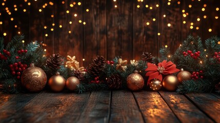 enchanting holiday sale scene with twinkling fairy lights golden ornaments and festive ribbon warm glow illuminates rustic wooden backdrop