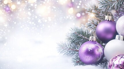 Fototapeta premium Decorative purple and silver ornaments among snowy pine branches during a festive winter season celebration