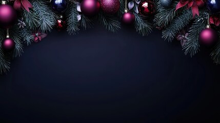 Christmas decoration with colorful ornaments and evergreen branches set against a dark background during the festive season