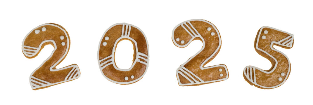 Set of gingerbread numerals for 2025 New year greetings isolated on a white background. Closeup of baked numbers two, zero or five from cookies decorated with sweet icing. Traditional Czech Christmas.