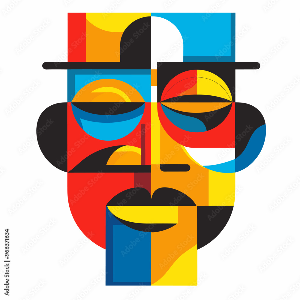 Poster a colorful face with a hat on it. the face is made up of different colors and shapes. vector illustr