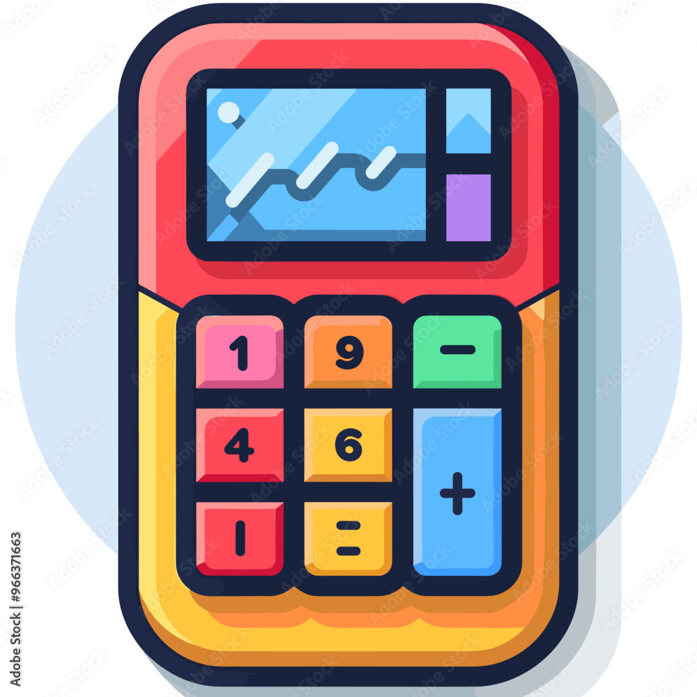 Aufkleber a colorful calculator with a red and yellow background. the calculator has a green and blue number p