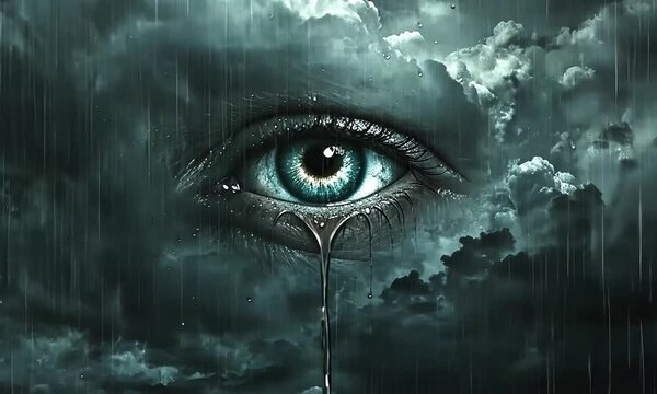 A close up of a crying eye with rain falling on it