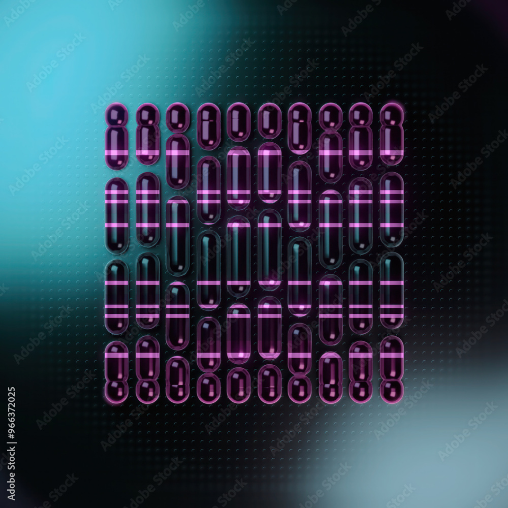 Poster Digital illustration of a group of dark glossy capsules with pink shiny stripes arranged in a square. 3d rendering