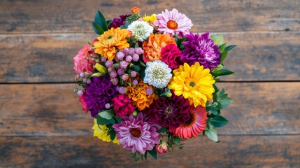 Obraz premium A top-down view of a vibrant bouquet of mixed flowers arranged in a round shape, with a variety of colors and textures, set on a wooden table