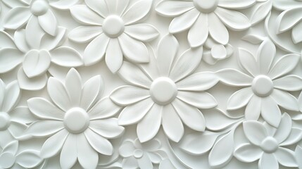 Obraz premium Elegant white floral relief design on textured background showcasing intricate flower patterns for modern interior decor