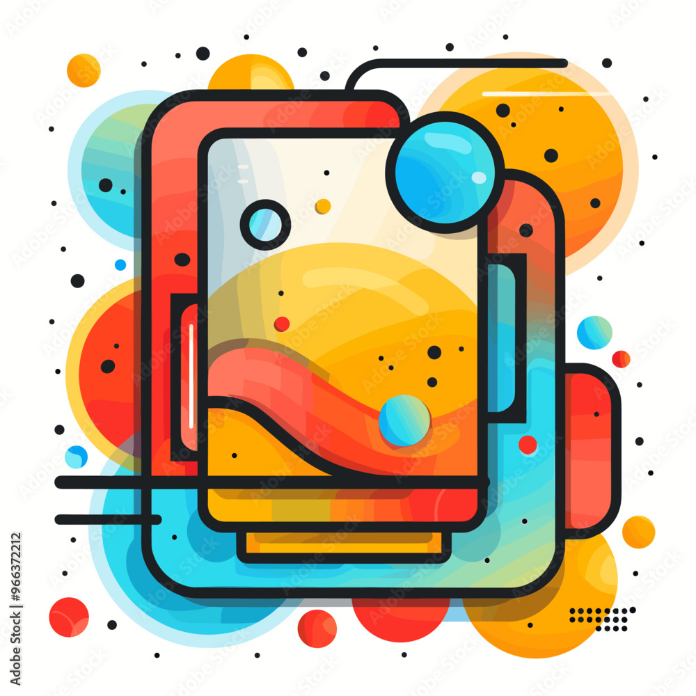 Poster a colorful abstract drawing of a spaceship with a blue and yellow background. the spaceship is surro