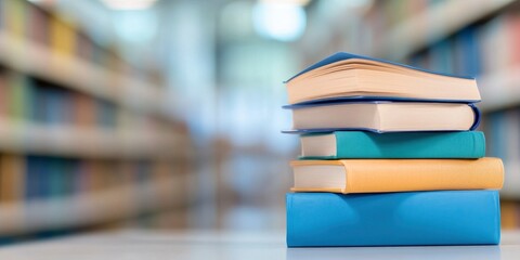 stack of colorful books on table with blurred book shelves in library background
