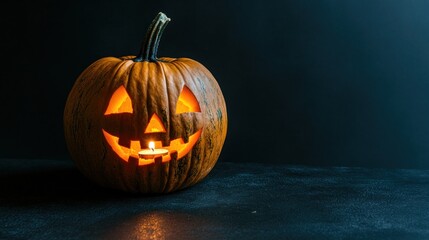 Obraz premium A carved pumpkin with a candle inside, glowing against a dark backdrop, symbolizing Halloween.