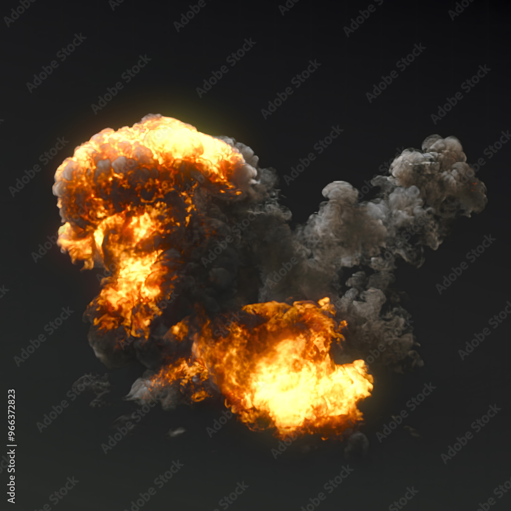 Poster huge realistic explosion with bright flames and billowing smoke on dark background. 3d rendering ill