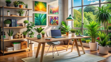 Fototapeta premium A modern home office with stylish furniture and decor, featuring a laptop and design software on a sleek desk, surrounded by plants and colorful artwork.