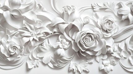 Intricate white floral relief decoration on a smooth background, showcasing detailed craftsmanship and artistic design