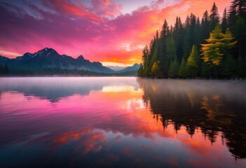 Fototapeta premium breathtaking sunrise over calm lake waters surrounded lush greenery soft reflections sky, tranquility, nature, landscape, colors, clouds, trees, scenery